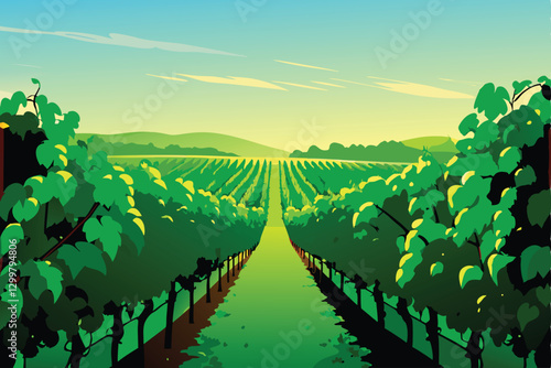 Serene vineyard landscape sun-drenched rows of grapevines stretching across rolling hills under a clear blue sky.  Focus on the peaceful, idyllic atmosphere.