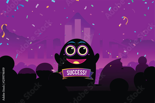 A jubilant, brightly colored, one-eyed monster in a tiny top hat, holding a celebratory banner, after a successful marketing campaign.