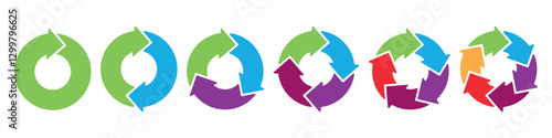 Colorful circle transition stages. Diagram infographic set. Rotation cycle vector 1, 2, 3, 4, 5, 6, parts. Circle and flow concept