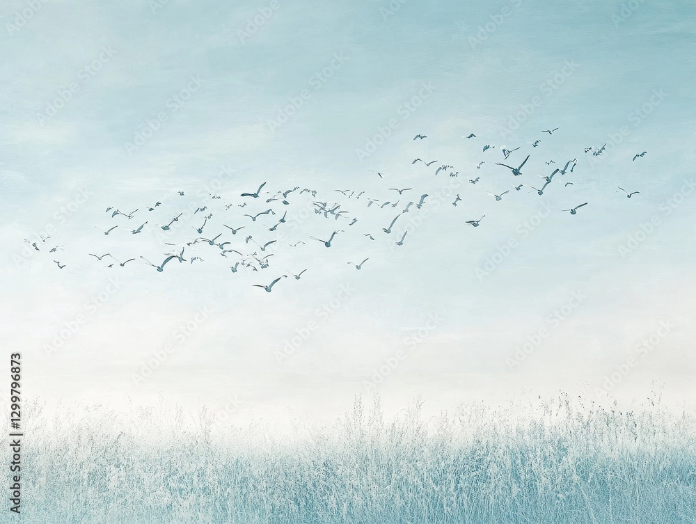 Obraz premium A large flock of birds in flight against a serene, pastel sky, creating a peaceful and tranquil nature scene