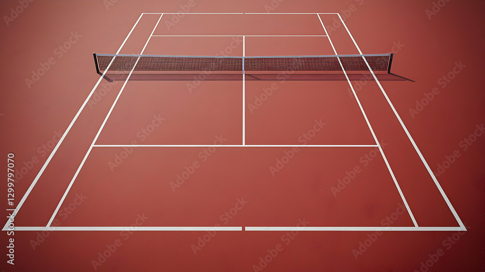 Overhead View Of Empty Red Tennis Court With White Lines And Net Under Bright Sunlight