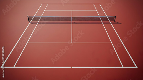 Obraz na płótnie Overhead View Of Empty Red Tennis Court With White Lines And Net Under Bright Sunlight w salonie