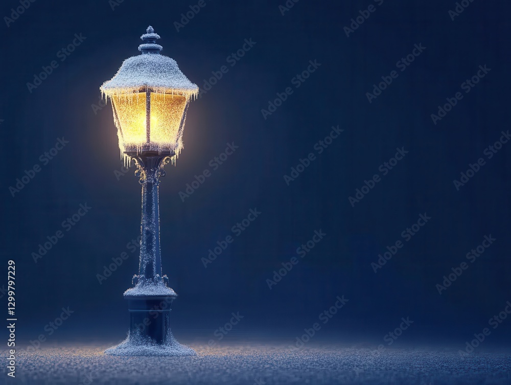 Obraz premium Enigmatic glowing lamp post in a snowy winter night