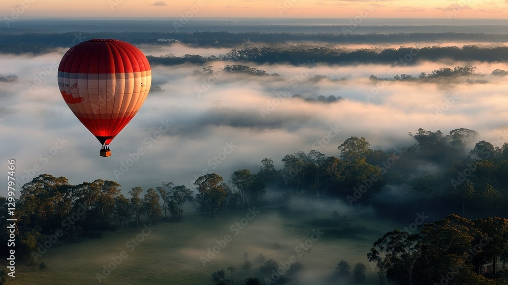 Obraz premium Hot Air Balloon Over Misty Landscape at Sunrise in Soft Light