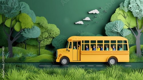 Vibrant Yellow School Bus in Lush Green Paper Cut Landscape Scene