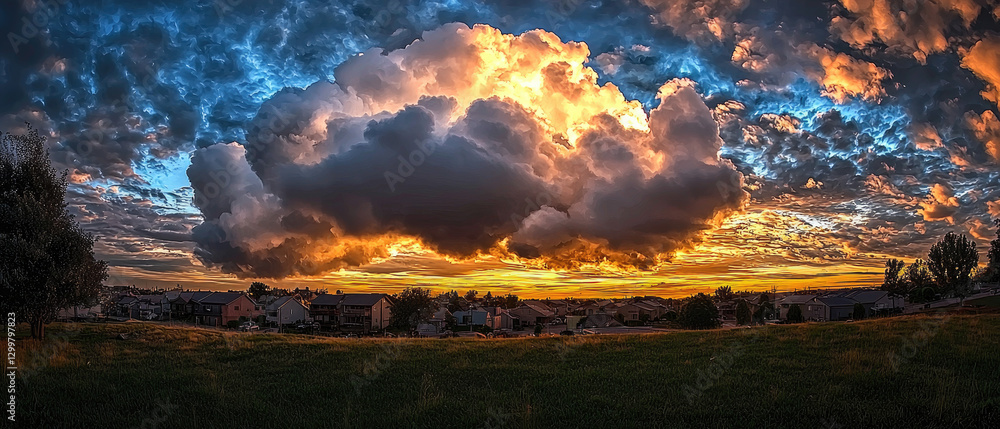 Fototapeta premium Dramatic sunset over a serene landscape with vibrant clouds and distant houses, evoking tranquility