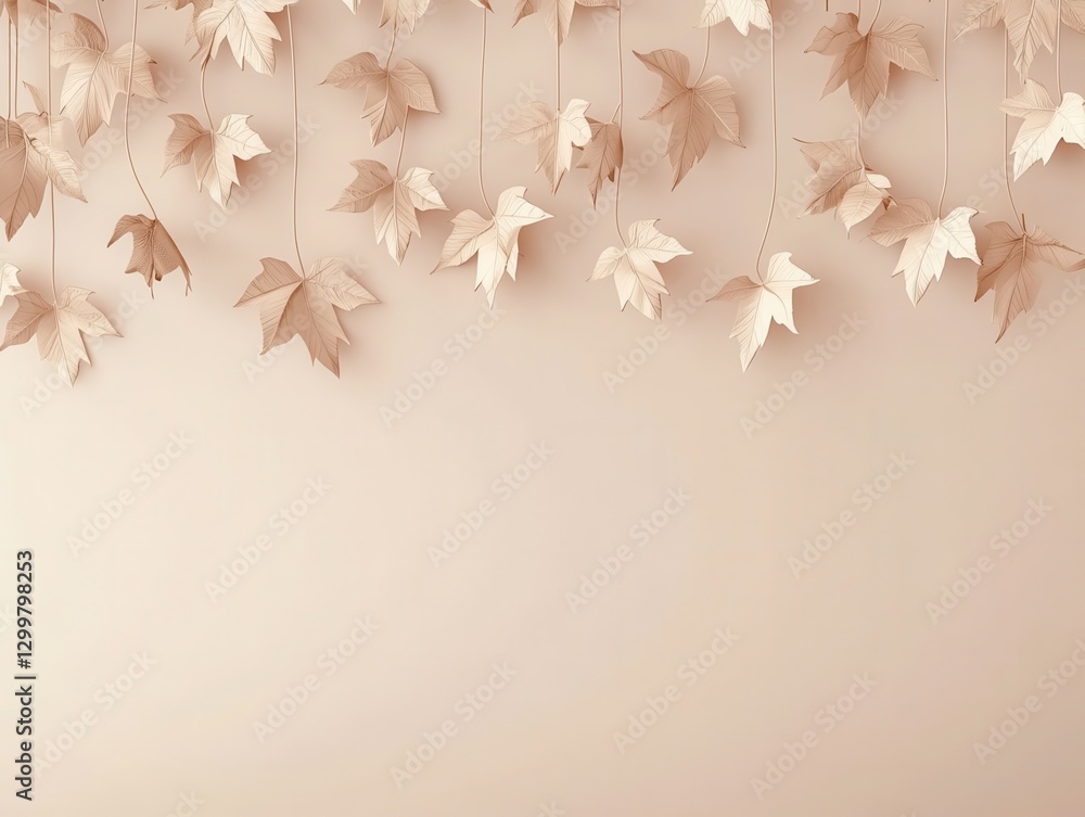 Elegant Beige Background with Hanging Paper Maple Leaves, Autumnal Minimalist Design Elegant Beige Background with Hanging Paper Maple Leaves, Autumnal Minimalist Design