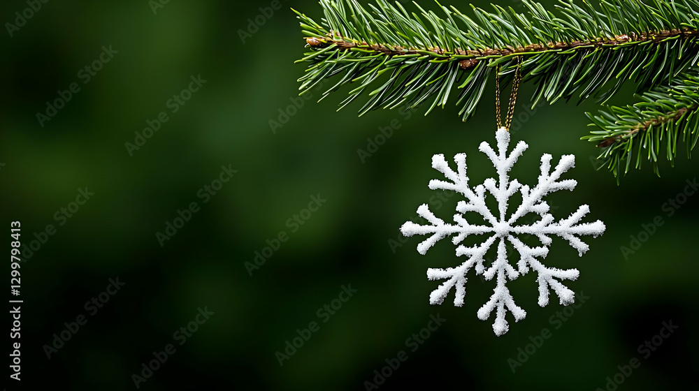White Snowflake Ornament Hanging From Green Pine Branch Against Dark Green Background White Snowflake Ornament Hanging From Green Pine Branch Against Dark Green Background