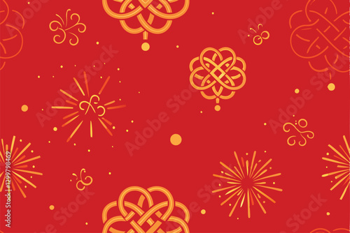 Design a seamless background featuring intricately detailed Chinese knots interwoven with vibrant, exploding fireworks.  Achieve a festive and celebratory atmosphere.