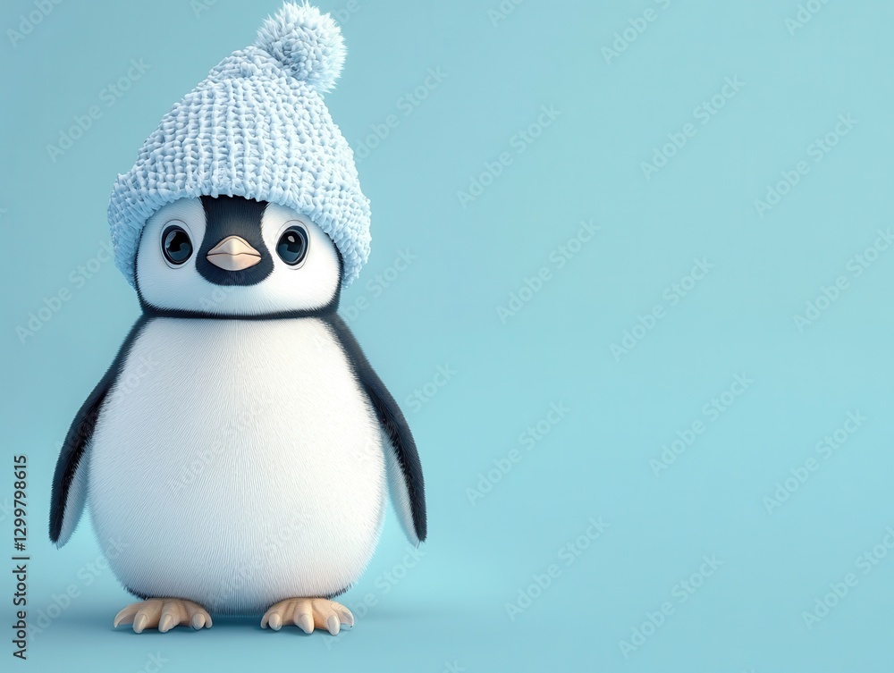 Fototapeta premium Adorable Fluffy Penguin Wearing a Blue Knit Hat Against a Light Blue Background