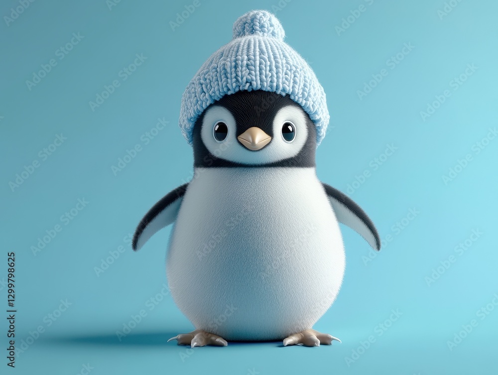 Fototapeta premium Adorable Fluffy Penguin Wearing a Knitted Hat