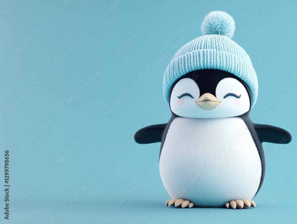 Fototapeta premium Adorable Cartoon Penguin Wearing a Knitted Winter Hat Against a Light Blue Background