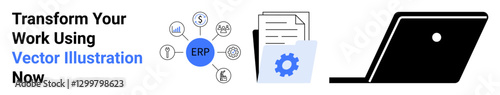 Circular ERP flowchart with icons, file folder, documents, cogwheel, and laptop. Ideal for business planning, workflow optimization, teamwork, process management data analysis tech strategy