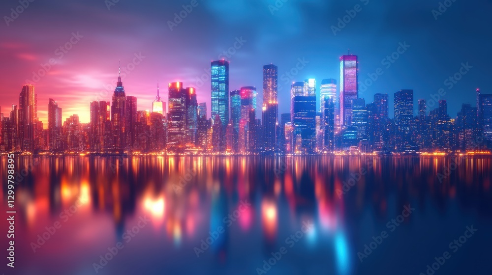 Obraz premium Vibrant City Skyline Reflected in Serene Water During Twilight Hours