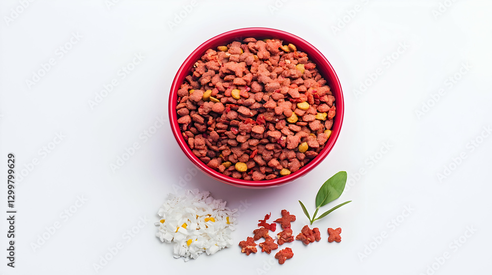 Overhead View Of Red Bowl Filled With Cooked Food With White Background Accompanied By Small Plant And Grains Overhead View Of Red Bowl Filled With Cooked Food With White Background Accompanied By Small Plant And Grains