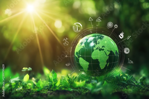 A stylized concept of a sustainable future in 2025, featuring renewable energy icons and a green globe.