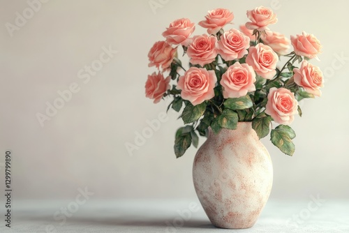 Wallpaper Mural A bouquet of peach-colored roses in a rustic vase, creating a serene and elegant still life. Torontodigital.ca