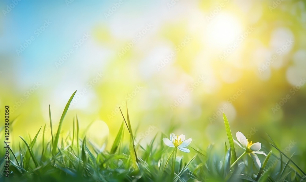Fototapeta premium Tranquil meadow with vibrant green grass and delicate white flowers illuminated by soft sunlight creating a serene and peaceful nature scene
