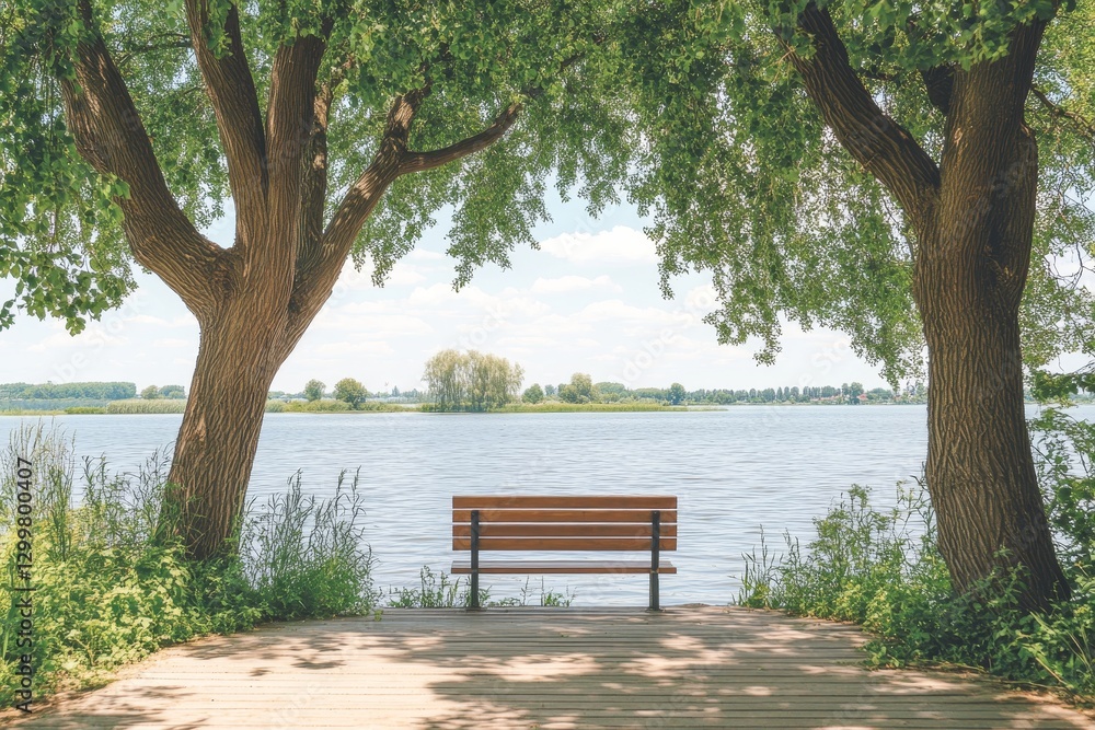 Serene Lakeside View with Bench Framed by Lush Green Trees Serene Lakeside View with Bench Framed by Lush Green Trees