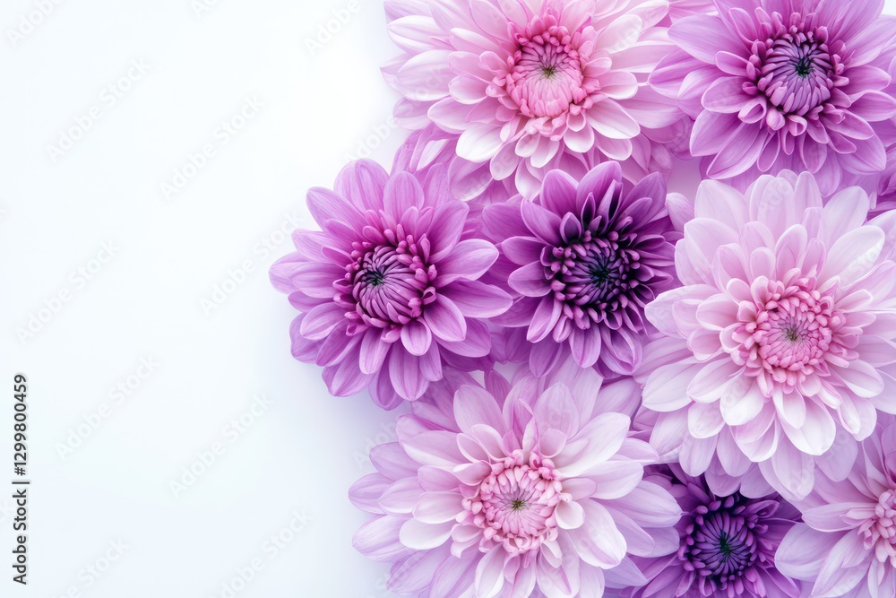 Obraz premium A fresh and colorful image of purple and pink chrysanthemums placed on a white background, evoking a sense of calm and serenity.