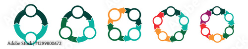 Colorful connected circle stages. Diagram infographic set. Circle vector 2, 3, 4, 5, 6, parts. Process and network concept