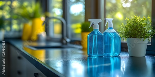 Clean Kitchen Counter with Blue Cleaning Supplies photo