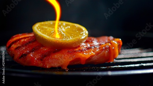 Grilled Meat Topped with Lemon Slice and Liquid Sauce on Top of the Barbecue Grill Surface photo