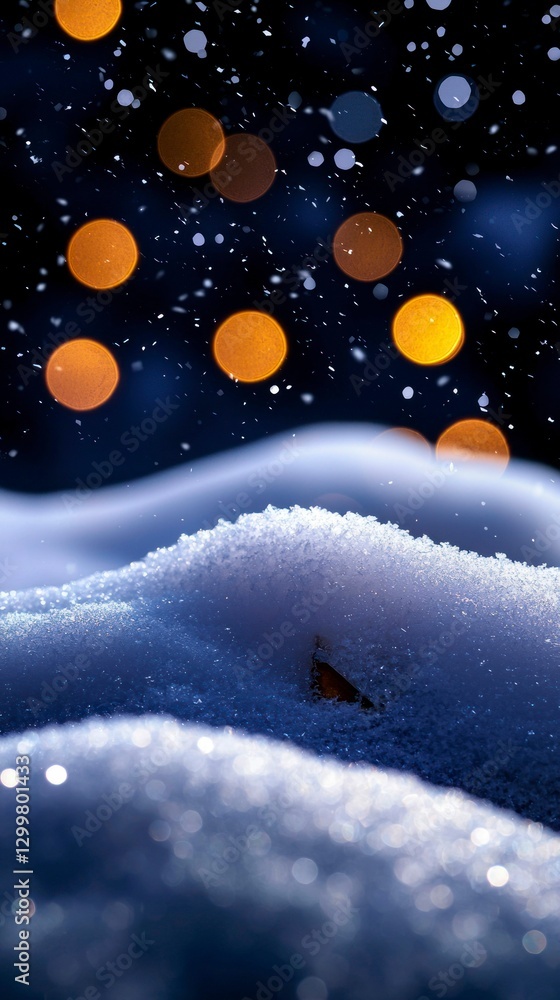 Fototapeta premium Winter Snowscape Shines with Abstract Light Bokeh and Frosty Texture in a Cold Night Landscape