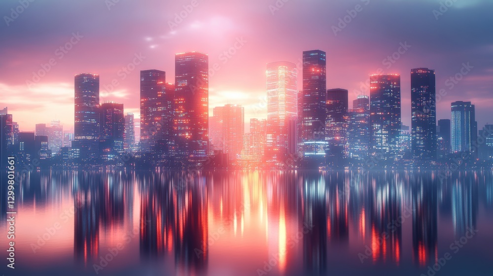 Obraz premium Vibrant Sunset Reflection Over a Modern Cityscape with Skyscrapers