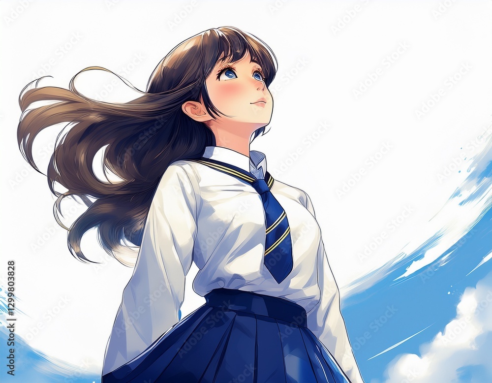 制服を着た女子高校生が空を見つめるイラスト。AIで生成 制服を着た女子高校生が空を見つめるイラスト。AIで生成