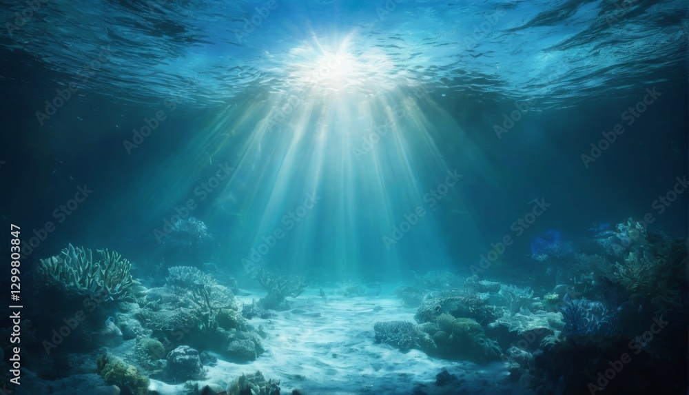 Fototapeta premium Coral reef underwater scene with bright sunlight illuminating colorful corals, rocks, and fish in deep blue water.