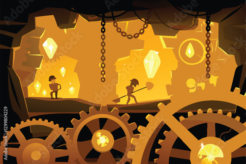 A dramatic steampunk mining scene intricate gears, pipes, and Victorian-era mining equipment in a dark, cavernous setting.  Focus on detailed machinery.