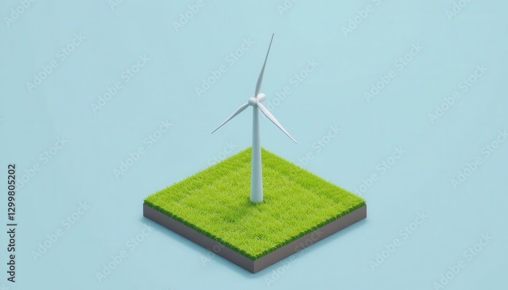 Obraz premium Green Energy Concept with Minimalist Wind Turbine Model on Vibrant Grass Square Base under Soft Blue Background for Sustainability and Innovation Themes