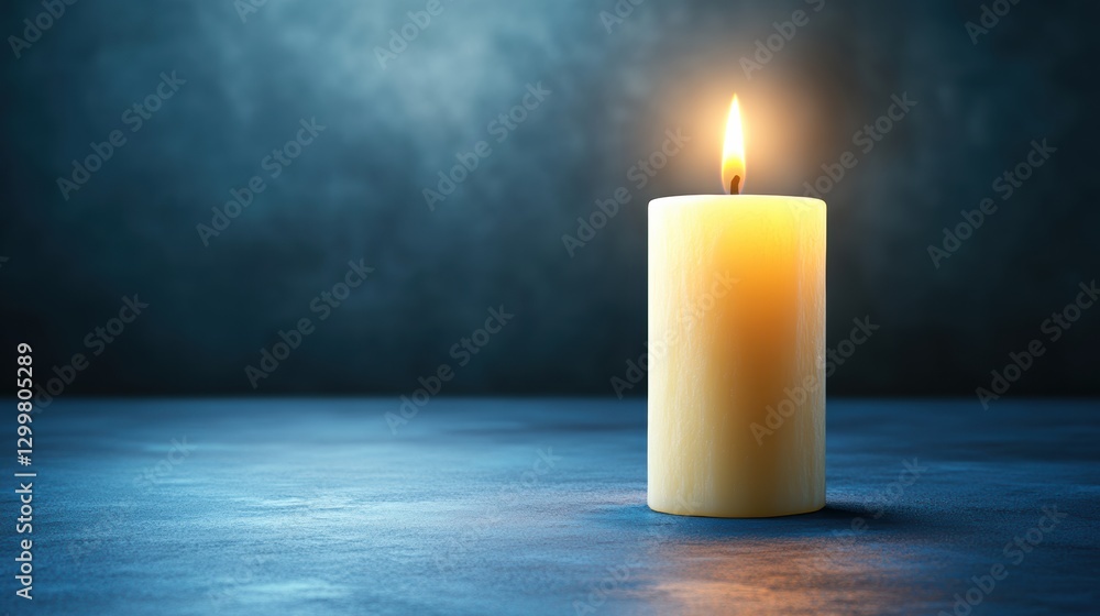 Elegant Candle Glowing Softly in Dark Room with Blue Background Elegant Candle Glowing Softly in Dark Room with Blue Background
