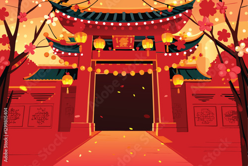 A stylized, ornate temple gate at night, illuminated by hanging paper lanterns, flowing fabric, and intricate carvings.  Floating elements enhance the mystical atmosphere.