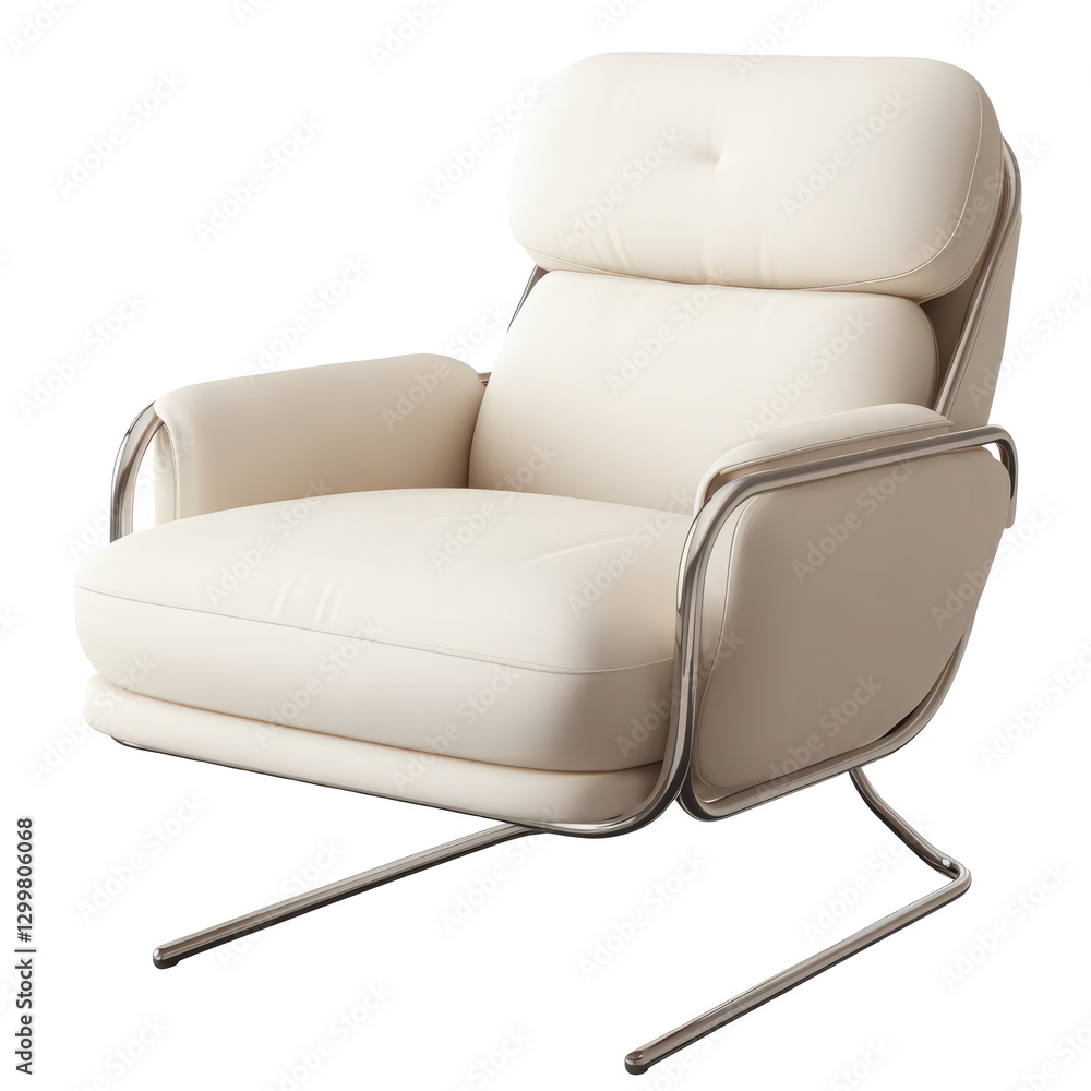 Naklejka premium Modern Ivory Leather Armchair with Tubular Chrome Frame Isolated