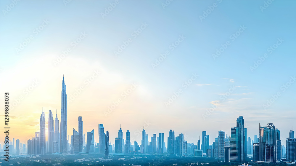 Naklejka premium Modern City Skyline At Dawn With Blue And Gold Hues And Tall Buildings