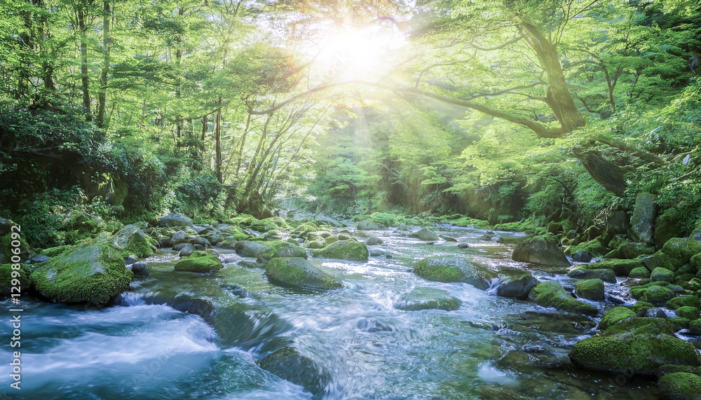 日本の緑あふれる森林の山中 流れる川・清流の流れと差し込む太陽の日差しの背景 苔むした岩肌・夏春の季節の自然の風景 日本の緑あふれる森林の山中 流れる川・清流の流れと差し込む太陽の日差しの背景 苔むした岩肌・夏春の季節の自然の風景