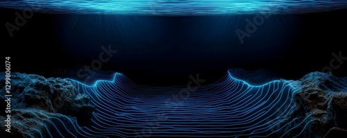 Underwater Digital Terrain, Glowing Lines, Dark Depths