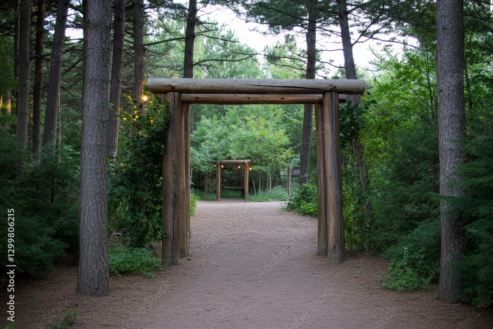 Tranquil Wooden Entrance in Lush Green Forest Pathway Tranquil Wooden Entrance in Lush Green Forest Pathway