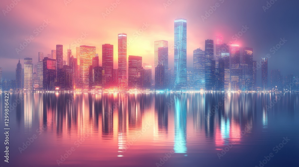 Fototapeta premium Vibrant City Skyline Reflection at Sunrise with Colorful Lights