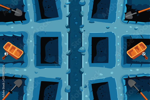 Overhead shot of an open-pit mine exhibiting a precise grid pattern, revealing excavated earth and mining machinery.