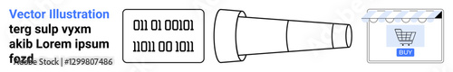 Binary code block, telescope, and e-commerce store icon focusing on data protection, surveillance, and online shopping. Ideal for technology, security, e-commerce, innovation analysis networking