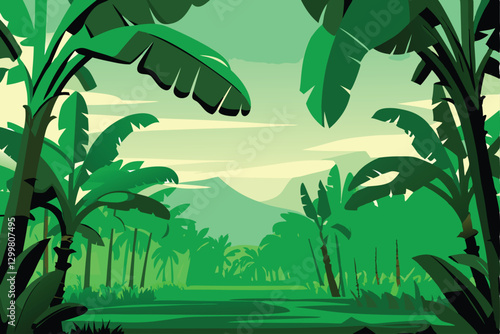 Lush tropical farm scene brimming with vibrant banana trees and towering coconut palms under a bright sun.  Capture the idyllic farm atmosphere.