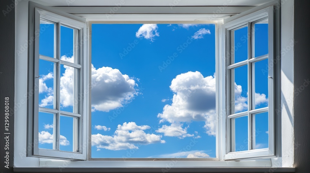 Bright Sky View Through Open Window with White Clouds and Blue Atmosphere Bright Sky View Through Open Window with White Clouds and Blue Atmosphere