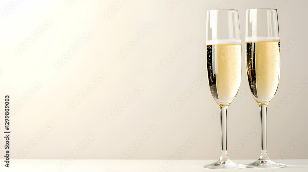 Two Champagne Flute Glasses Filled With Sparkling Wine On White Surface Against Light Background Two Champagne Flute Glasses Filled With Sparkling Wine On White Surface Against Light Background