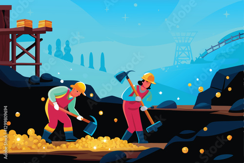 Illustrate a whimsical cartoon mining scene bursting with vibrant colors, featuring miners gleefully extracting glittering gold nuggets from a fantastical mine.
