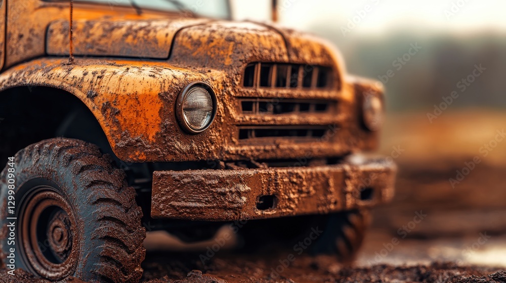 Close-up photography concept of construction machinery. A close-up of a muddy, vintage truck showcasing its rugged texture and weathered paint in a natural outdoor setting. Close-up photography concept of construction machinery. A close-up of a muddy, vintage truck showcasing its rugged texture and weathered paint in a natural outdoor setting.