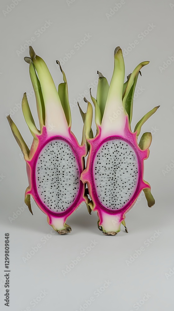 Two halves of a dragon fruit, cut open, studio shot, displaying seeds Two halves of a dragon fruit, cut open, studio shot, displaying seeds