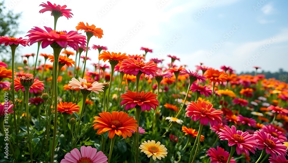 Colorful Zinnia Flowers in Sunlit Summer Garden - Ultra Wide Banner, Generative AI Colorful Zinnia Flowers in Sunlit Summer Garden - Ultra Wide Banner, Generative AI